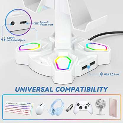 KDD Gaming Headphones Stand, Rotatable Headset Stand with Light Modes - Controller Holder with 2 USB Charging Ports and 3.5mm - Earphone Hanger Accessories for Desktop Gamer(White) - color: White