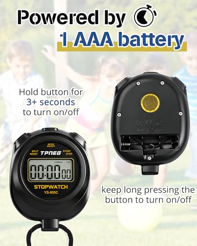 TPNEG Simple Stopwatch Timer - Easy to Use, Set Up, Read, and Carry - Large Display - On/Off, AAA Battery - Ideal for Coaches, Track and Field, Soccer Referees, Sports, Classroom - color: Black
