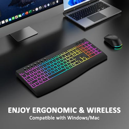 Wireless Keyboard and Mouse Combo, 9 Backlit Effects, 4000mAh Rechargeable Backlit Keyboard with Wrist Rest, 6 Button Mouse, 2.4G Full Size Quiet Keyboard Set for Computer, PC, Laptop, Mac, Windows