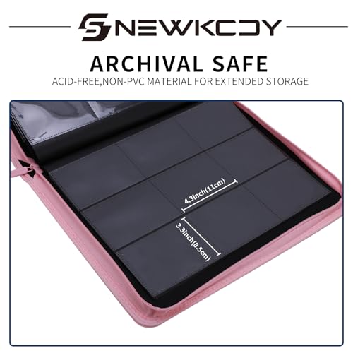 Snekdy Top loader Binder, 9 Pockets Top Loader，Holds 360 Top Loaders cards, Card binder with Sleeves for card in 3 x 4 inches color smooth Zipper PU Leather (Pink) - color: Pink