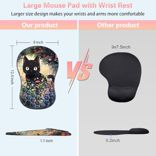 Mouse Pad with Wrist Rest, Canjoy Ergonomic Wrist Support with Massage | Ergonomic Massage Design & Relax and Relieve Fatigue & Non-Slip & PU Base, Comfortable Computer Mousepad for Office Home - color: Black Cat