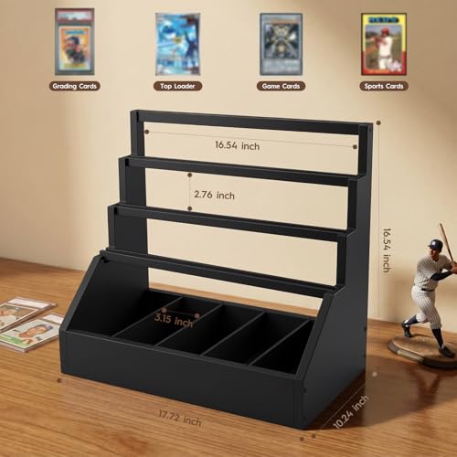 Trading Card Display Stand with 5-Row Storage，3-Tier Large Capacity Graded Card Display，Wooden Cards Display Stand for Soprts Cards Collection & Show