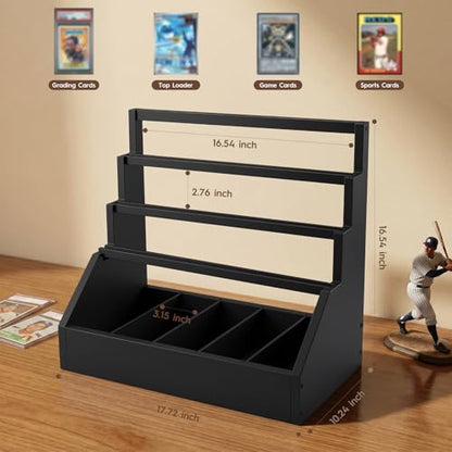 Trading Card Display Stand with 5-Row Storage，3-Tier Large Capacity Graded Card Display，Wooden Cards Display Stand for Soprts Cards Collection & Show