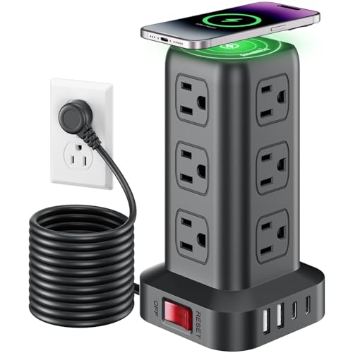 Extension Cord with Multiple Outlets, SMALLRT Power Strip Tower, 10FT Outlet Extender with 12 AC Outlets 4 USB, Power Strip with USB Ports for Home Office Dorm Room,Overload Protection - color: Black, size: 10 Ft with wireless charging