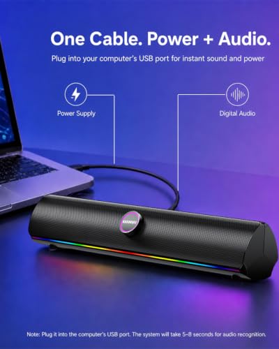 Computer Speakers for Desktop PC, Bluetooth 5.4 Sound Bar with Bass Boost, RGB Light Modes & Touch Buttons – HiFi Stereo USB Speakers for Gaming, Movies, Music, and Home Office - color: USB Powered
