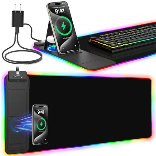 RGB Mouse Pad with Foldable Phone Stand Wireless Charger, 31.5"x11.8" XL Gaming Mousepad Large Desk Mat, Desk Pad with 11 Colors 5 Modes, Waterproof - color: Black Touch Control Stand XL with PD Charger