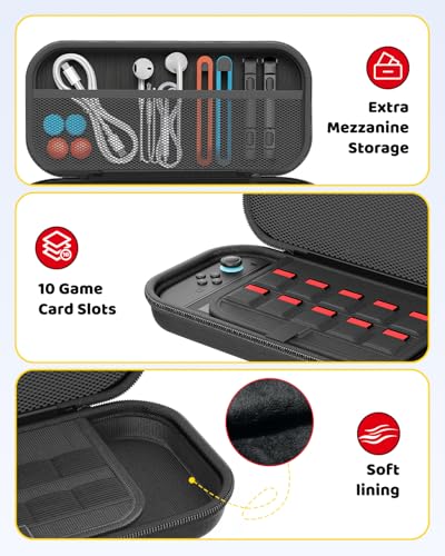 Switch 2 Slim Hard Shell Carry Case for Nintendo Switch 2 2025/Switch/OLED | Hard Shell Carrying Case with Soft Lining, 10 Card Slots, Durable Ballistic Nylon, Soft Silicone Handle, Switch2 Carry Case - color: Black