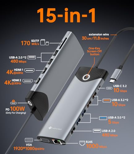 NOVOO 10Gbps USB-C Docking Station, 15-in-1 Dual/Triple 4K 60Hz HDMI & VGA, 100W PD Charging, 7USB-A+1USB-C, Gigabit Ethernet, SD/TF, Audio, Multiport Dock for MacBook HP Dell Lenovo Surface - style: 15-in-1