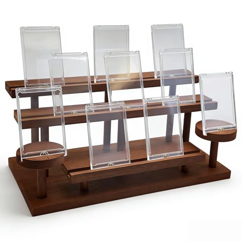 Wooden Trading Card Display Stand Fit 35-100pt Cards Cases, 5-Tier Card Holder for PSA Graded, Sports Cards, Mag Holders, Large Capaticy Wood Stand for Basketball Baseball Magnetic Graded Sleeves Cards Cases