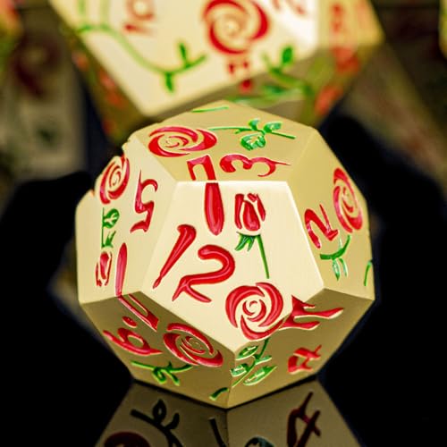 Gothic DND Dice Set Bleeding Rose Metal D and D Dice for use with Dungeons Dragons D&D Role Playing Game, Golden Red RPG Polyhedral Dice Set D20 D12 D10 D8 D6 D4 - color: Red&gold&red Numbers