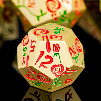 Gothic DND Dice Set Bleeding Rose Metal D and D Dice for use with Dungeons Dragons D&D Role Playing Game, Golden Red RPG Polyhedral Dice Set D20 D12 D10 D8 D6 D4 - color: Red&gold&red Numbers
