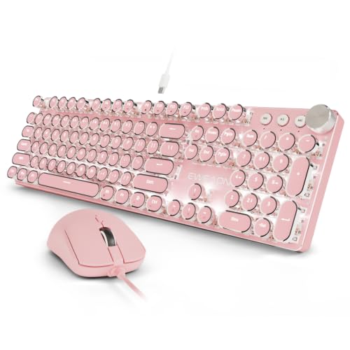 SEUNKWANG Wired Typewriter Keyboard and Mouse Combo, Retro Mechanical Keyboard with Multimedia Knob, White Backlit, Metal Panel, Low Noise Pink Switch Keyboard Mouse Set for PC Laptop - Pink - color: Pink