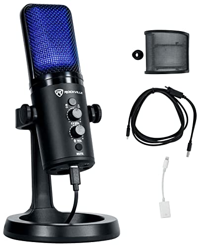 Rockville Rock-Stream Pro Dual Pattern USB Condenser Microphone, 24-Bit | Gaming/Streaming/Recording, Noise Suppression, Headphone Out, Mute, PC/Mac/iPhone/Android, Pop Filter