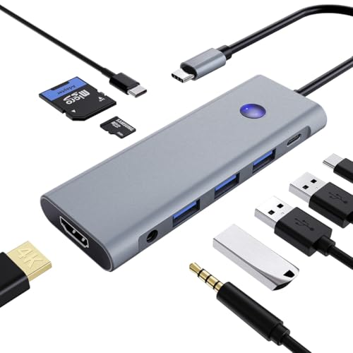 9-in-1 USB C Hub with 100W PD Charging, 4K HDMI, USB 3.0/2.0, SD/TF Card Reader, Audio Jack – Compact Adapter for MacBook, Windows, iPad, Linux & More