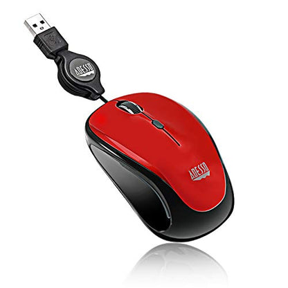 Adesso Retractable Mini Mouse iMouse S8B with Built-in Scroll Wheel, Adjustable DPI, Multi-Color LED Backlight, and Enhanced Optical Sensor (Red)