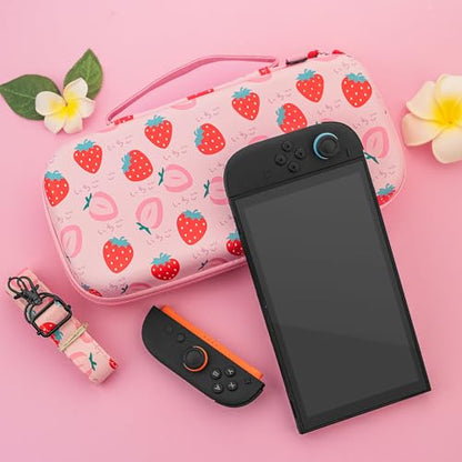 RHOTALL Pink Strawberry Carrying Case for Nintendo Switch 2 (2025) 7.9'', Cute Slim Hard Protective Travel Carry Case with 9 Game Cartridges Slots, Accessories Bundle Holder, Shoulder Strap - color: pink 12