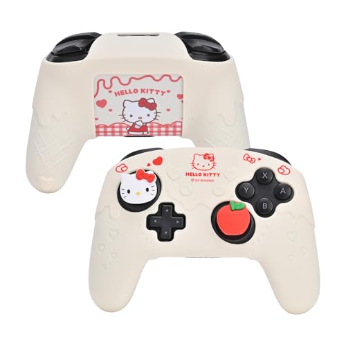 Kuitmor Silicone Switch Pro Controller Cover Skin Set, Anti-Slip Soft Protective Case for Switch Pro Controller with 2 Thumb Grip Caps and 1 Sticker (Beige Hello Kitty) - color: Beige Hello Kitty