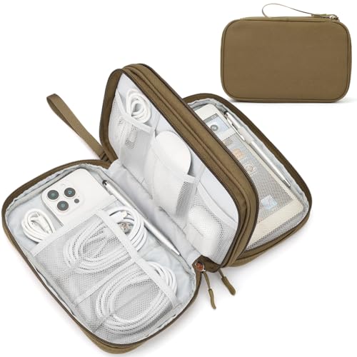 FYY Electronic Organizer, Travel Tech Pouch Bag, Large, Brown | Wrist Strap, Waterproof, Double Layers Portable Electronics Travel Carrying Case for Cord, Charger, Daily Business Trips Use - color: Brown, size: Large