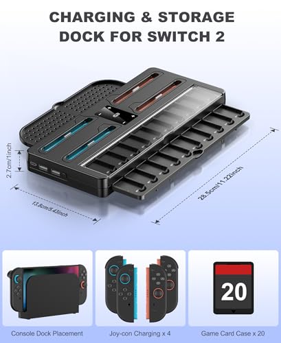 Switch 2 Charging Dock Station & Organizer Station for Nintendo Switch 2, 4-In-1 Charging Dock Base Station for Switch 2 Joycons with Indicator，Switch 2 Accessories Kit Storage with 20 Game Slots