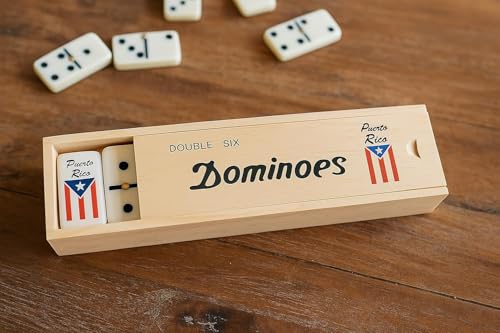Puerto Rico Flag Dominoes, Double Six Wooden Domino Set with 28 Tiles, Classic Board Game for Kids and Adults, Wood Storage Case