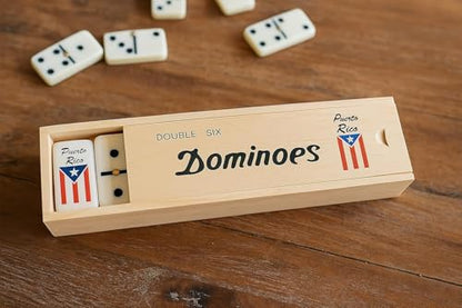 Puerto Rico Flag Dominoes, Double Six Wooden Domino Set with 28 Tiles, Classic Board Game for Kids and Adults, Wood Storage Case