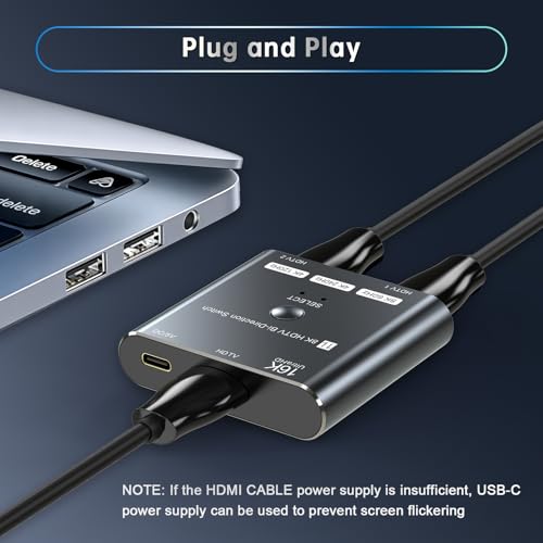 4K 240Hz HDMI 2.1 Bi-Directional Switch - 2 in 1 Out Switcher/1 in 2 Splitter Supports 8K@60Hz & 4K@60Hz,Compatible with PS5，Xbox，Roku Firestick ，Computers，etc