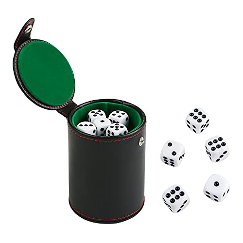 GWHOLE Leather Dice Cup Set with Storage Compartment Felt Lining Shaker with 5 Dot Dices for Farkle Yahtzee Games Playing Birthday Gift, Green - color: Green
