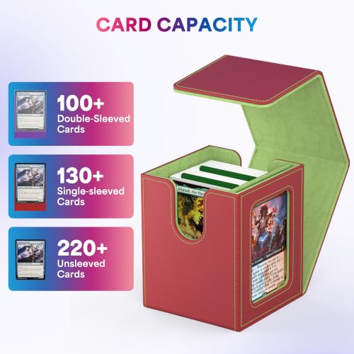 UAONO Card Deck Box for MTG Commander, Fits 100 Double-Sleeved Cards | Independent Commander Display, Magnetic Deck Case for Magic the Gathering TCG, 2 Dividers & 1 Top Loader (Red/Green) - color: A-Red&Lime Green