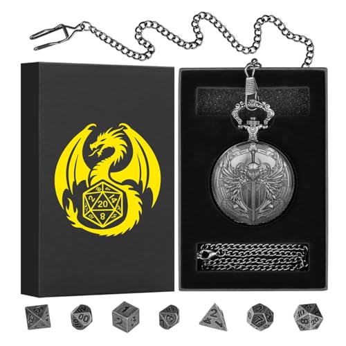 Mini DND Dice Set with Steampunk Paladin Pocket Watch Shell Case, DND Starter Set, 7pcs Polyhedral Mini Metal Dice Set, D&D Gifts with Gift Box, Role Playing Board Game Accessories, Silver - color: Dark Silver + Gift Box