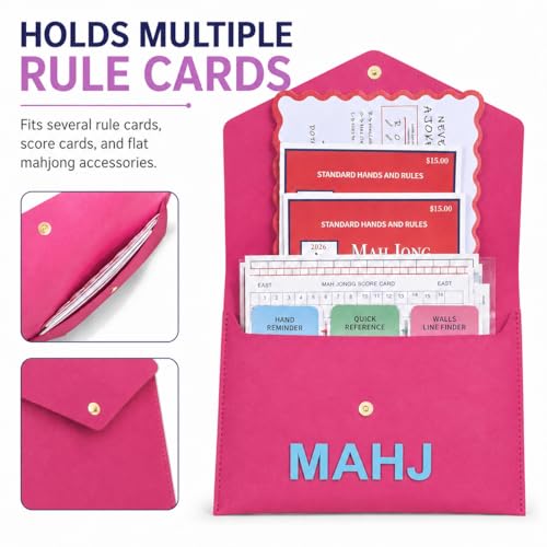Leather Mahjong Card Clutch Pouch, 8 x 6 Inches Protective Case for American Mahjong Strategy Cards, Secure Magnetic Closure Accessories Holder, Elegant Game Night Gift (Magenta) - color: Magenta