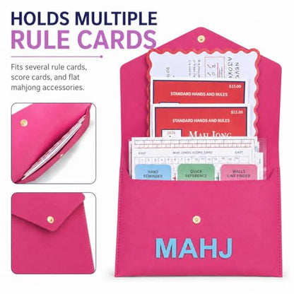 Leather Mahjong Card Clutch Pouch, 8 x 6 Inches Protective Case for American Mahjong Strategy Cards, Secure Magnetic Closure Accessories Holder, Elegant Game Night Gift (Magenta) - color: Magenta
