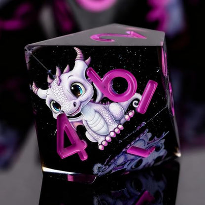 Dragon Pattern Double Layered Starry Sky Black Resin DND Dice Set, d4 d6 d8 10 d12 d20 7Pcs Sharp Edge D&D Dice for RPG MTG D and D Role Playing Desktop Games - color: Pink
