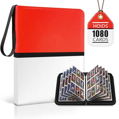9 Pocket Zip Card Binder, Trading Card Album Holds 1080 Cards, Red White | Logo-free design,top-loading pages,removable double-sided pockets,waterproof cover,soft lnner lining. - color: Red White, size: 9 Pocket 1080