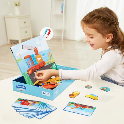 Toi Kids Magnet Toys Magnetic Jigsaw Puzzle Boxes with Game Board for Kids Ages 3-8, Preschool Tabletop Toy for Toddlers, Portable Travel Game, Vehicle - style: Vehicle