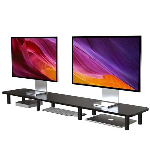 43.7" Extra Long Dual Monitor Stand Riser, Wood & Steel Monitor Stand for 2 Monitors, Wide TV Stand, Desktop Riser for Desk Organization, Home Office，Laptop,Printer,TV (Black) - color: Black