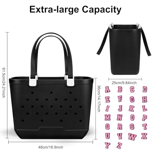 X-Large Rubber Beach Tote Bag, 18.9 "L x 9.4 "W x 13.8 "H Waterproof EVA Beach Totes with Zipper Pocket - color: Black