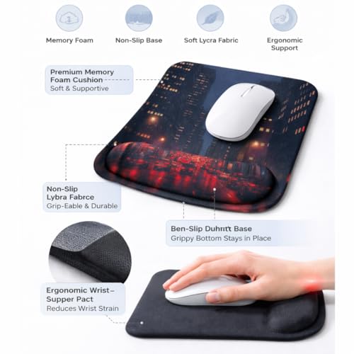 Ergonomic Memory Foam Mouse Pad with Wrist Support, Orange, Ultra-Smooth Surface, Anti-Slip Base (City, Medium) - color: City