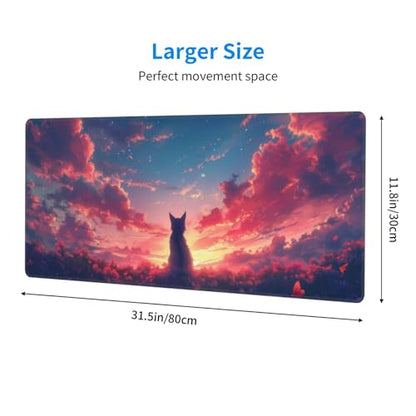 Gaming Mouse Pad Desk Pad,Extended Big Mouse Pad,31.5x11.8 Inch Long Computer Keyboard Mouse Mat Mousepad with 3mm Non-Slip Base and Stitched Edge for Gaming and Office… (Sunset Cat) - color: Sunset Cat