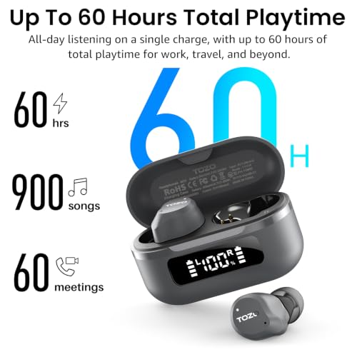 TOZO NC9 Hybrid Active Noise Cancelling Wireless Earbuds, 60H, LED Display | 6 Mic ENC Clear Calls, Deep Bass Sound, IPX8 Waterproof, in Ear Bluetooth 5.3 Headphones,32 EQs via APP, Comfort Fit Ear Buds - color: Gray