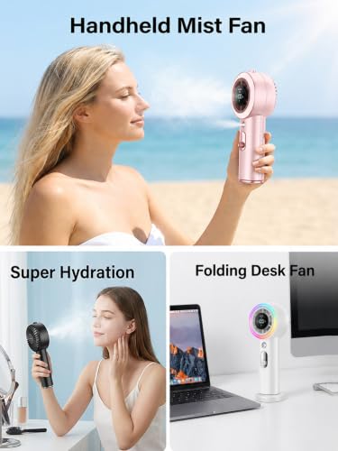 Portable Fan with Mist, AC-Level Ice Cooling Handheld Fan, 5000mAh Battery | 1-199 Speed, 26000 RPM Powerful Turbo Fan, 40ml Water Tank Personal Fan, Mini Fan, for Travel, Makeup, Camping, Outdoors - color: Deep pink