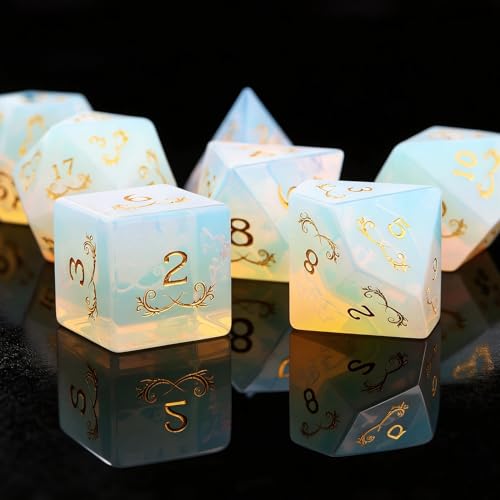 Haxtec Opal Gemstone Dice Polyhedral DND Dice Set with Premium Dice Case Compatible with Dungeons and Dragons Role Playing Board Games D&D Gift - color: White Gold- Opal Grass