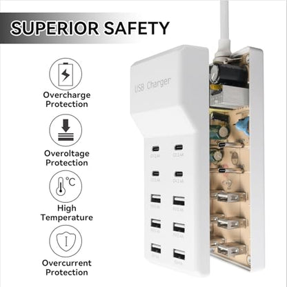 USB Power Strip Charging Station, 10-Port 6A+4C Multi Charger Block | 50W 10A Total Output, Auto-Detect Tech, Compatible with iPhone, Samsung, iPad Multi Device Home Office Travel Use