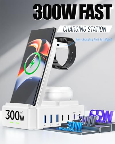 300W Wireless Charger for Samsung,Zutspzss 10 in 1 Wireless Charging Station, 65W USB C Fast Charging Stand for Samsung S25 Ultra/S24/S23/S22/Z Fold,Galaxy Watch Ultra7/6/5,Galaxy Buds,White - color: white
