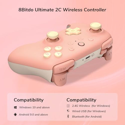 8Bitdo Ultimate 2C Wireless Controller for Windows PC & Android (Pink) | 1000Hz Polling Rate, Hall Effect Joysticks & Hall Triggers, Remappable L4/R4 Bumpers - color: Pink