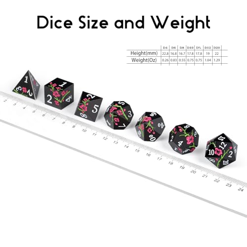 Metal Dice Set D&D, DNDND 7 PCS Flower Metallic DND Dice Set with Grogeous Gift Case for Dungeons and Dragon Tabletop Game (Matte Black with Pink Flower) - color: Flower Black