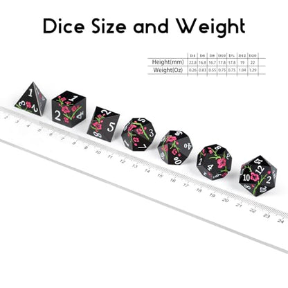 Metal Dice Set D&D, DNDND 7 PCS Flower Metallic DND Dice Set with Grogeous Gift Case for Dungeons and Dragon Tabletop Game (Matte Black with Pink Flower) - color: Flower Black