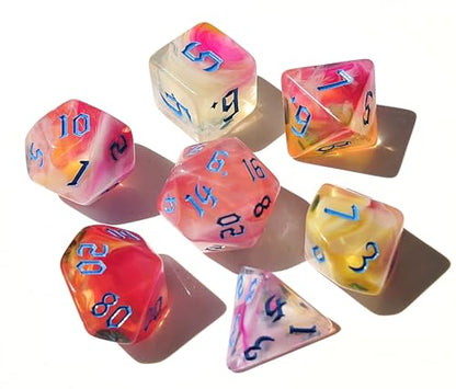 핑크 블루 혼합 D&D 주사위 세트 7피스 (레드 마블) | DND, CoC 액세서리, TTRPG, 던전 앤 드래곤, 롤 플레잉 게임 - D20 시스템 게임용 다면체 주사위 세트 - color: 레트로 레드 마블 캔디 & 블루