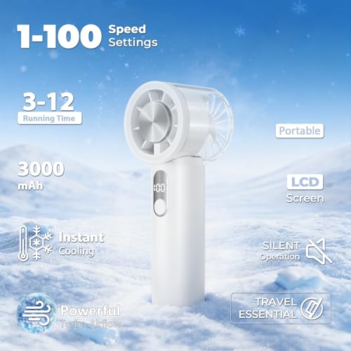 Portable Handheld Small Turbo Fan with Ice Cooling, White | 5 Gear Strong Airflow, LED Display, 3000mAh Rechargeable Battery, 20000 RPM Powerful, Up to 12 Hrs,for Travel,Outdoor, Makeup - color: White