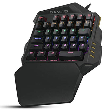 One-Handed Keyboard Single Handed Gaming Keypad with Ergonomic Wrist Rest Support RGB LED Backlit USB Wired Mechanical Feeling Mini Keypad for Game