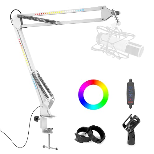 RGB Boom Arm, Adjustable Mic Stand with Desk Mount Clamp and Mic Clip, Compatible with HyperX Quadcast, Blue Yeti, Rode, Shure SM78 for Streaming, Gaming, Youtube Recording （WHITE） - color: white